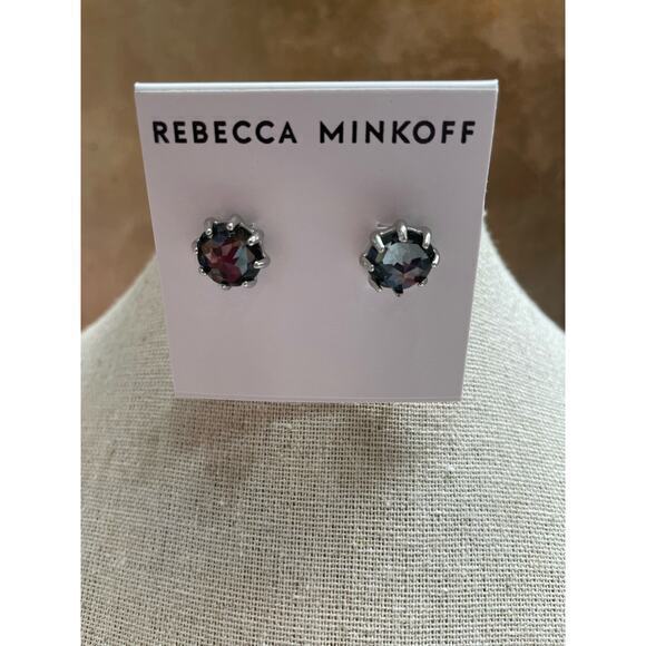 NWT Rebecca Minkoff Oversized Silver Prong Set Shiny Grey Gemstone Style Earring - Picture 1 of 6